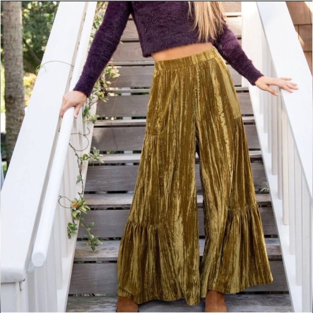 Natural Life Olive Green Velvet Cropped Flare Leg Pants